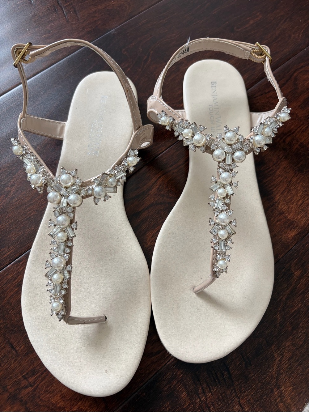 Benjamin Walk Pearl & Crystal Nude Beaded T-Strap Sandals